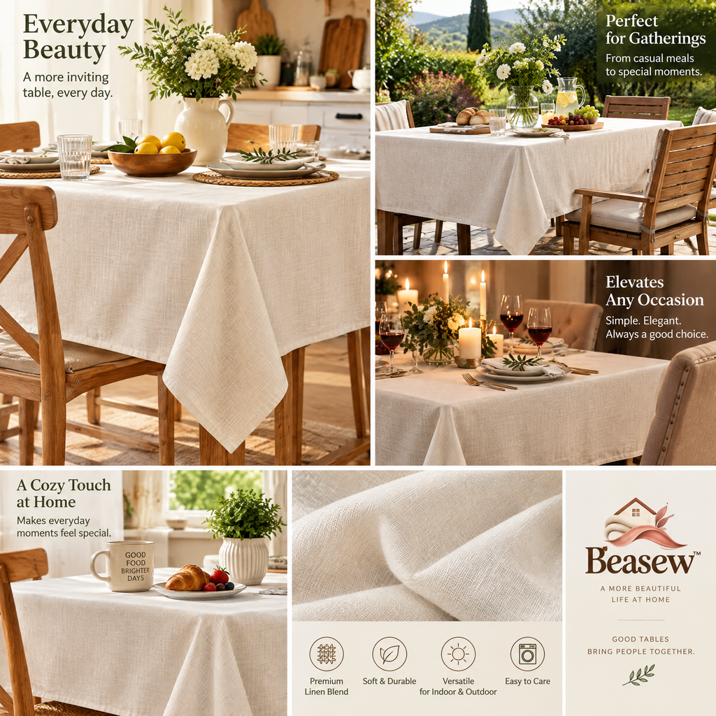 Beasew™ Warm Ivory Linen-Look Tablecloth — view 1