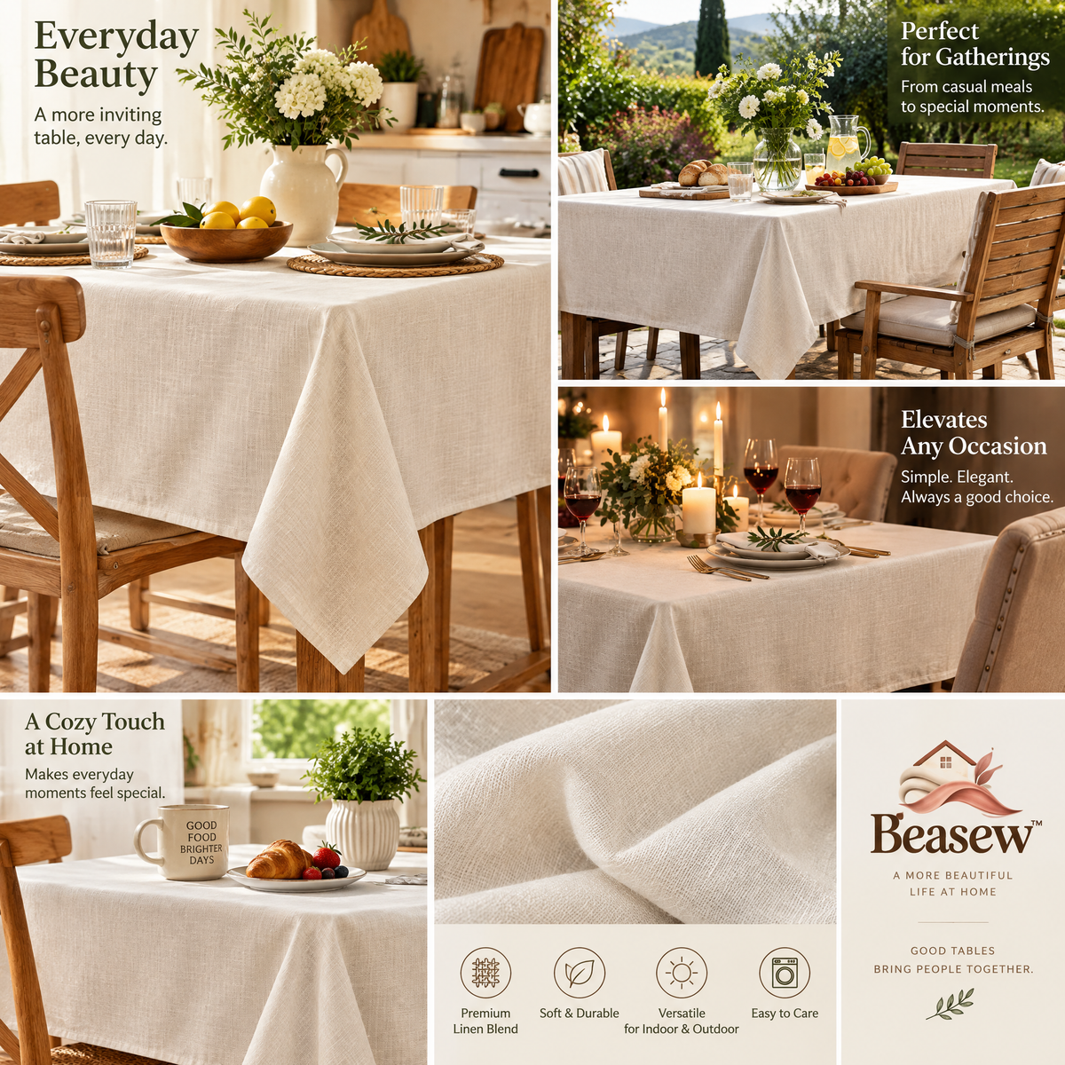 Beasew™ Warm Ivory Linen-Look Tablecloth — view 1
