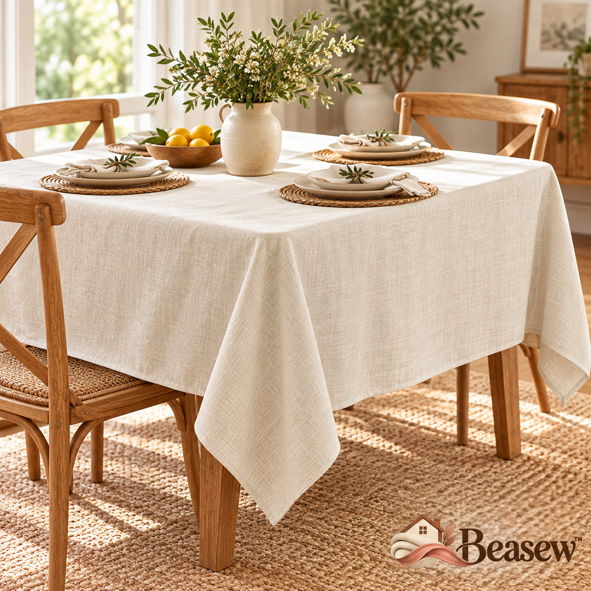 Beasew™ Warm Ivory Linen-Look Tablecloth — view 4