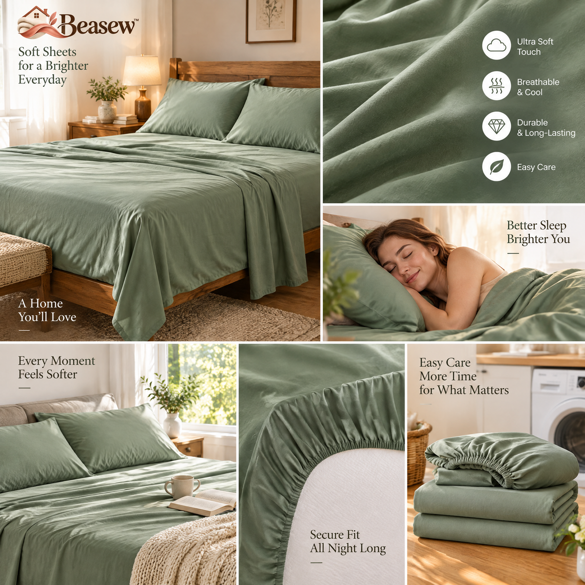 Beasew™ Sage Deep-Pocket Fitted Sheet Set — view 2