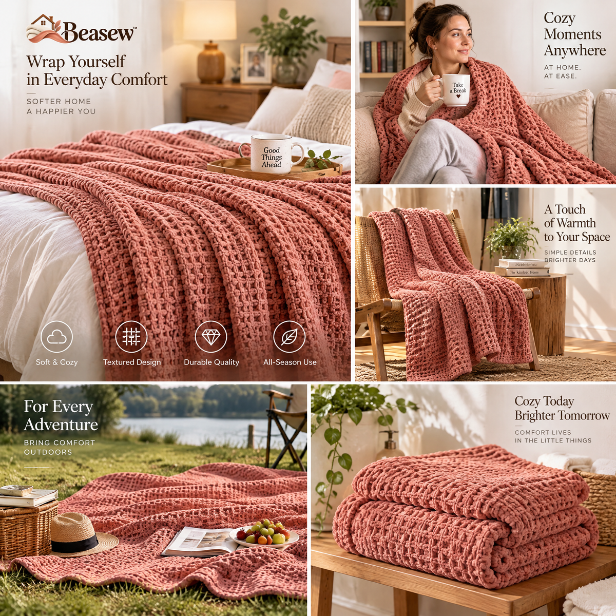 Beasew™ Terracotta Waffle-Knit Throw Blanket — view 2