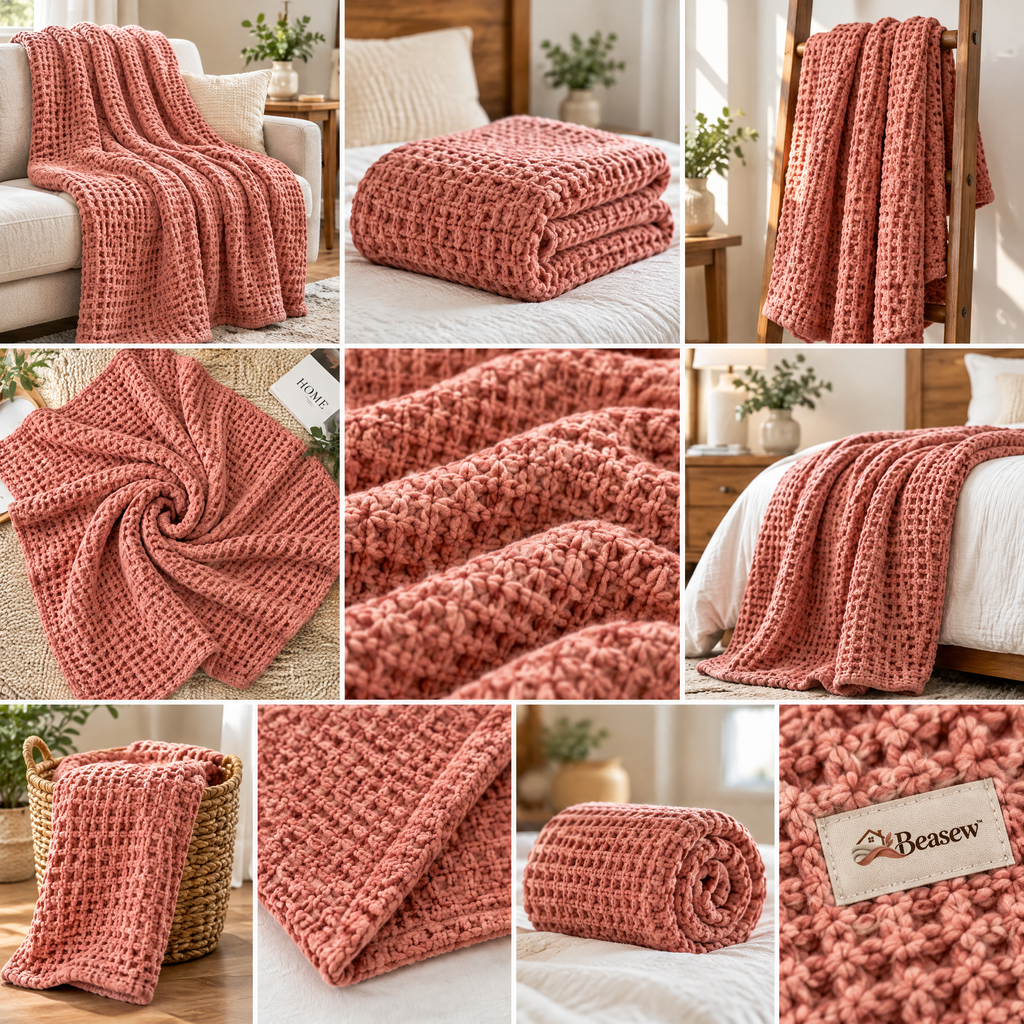 Beasew™ Terracotta Waffle-Knit Throw Blanket — view 3