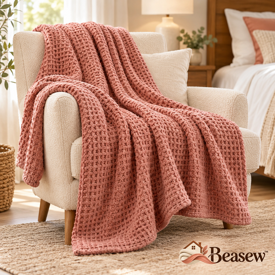 Beasew™ Terracotta Waffle-Knit Throw Blanket