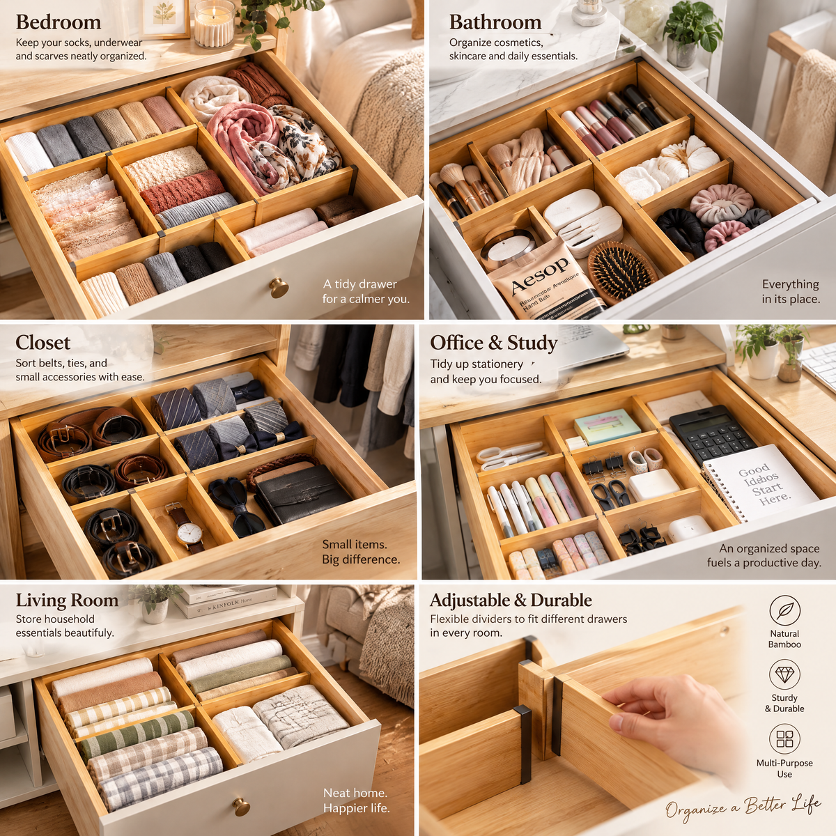 Beasew™ Adjustable Bamboo-Style Drawer Dividers — view 1